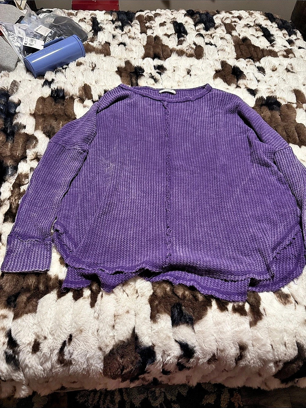 ZENANA Washed Waffle Long Sleeve Top Purple Size L/XL